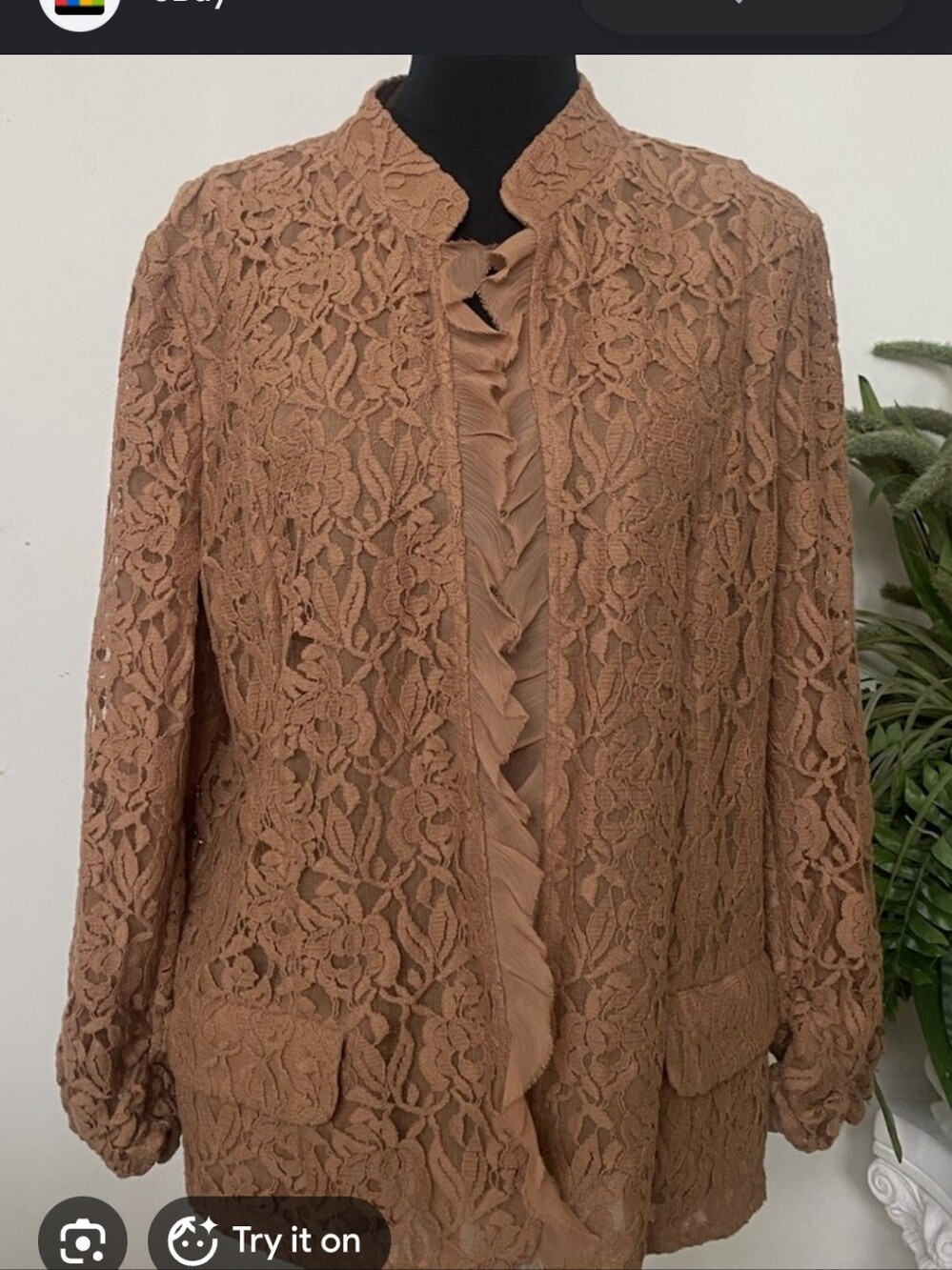 Chicc's Lace Overlay Ruffled Front Jacket - Copper Brown - Picture 1 of 3